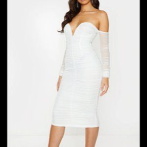 White Mesh Ruched Bridal Dress